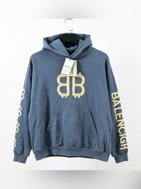 Balenciaga Men’s Slate Blue Logo Crewneck Hoodie with Cream Accents